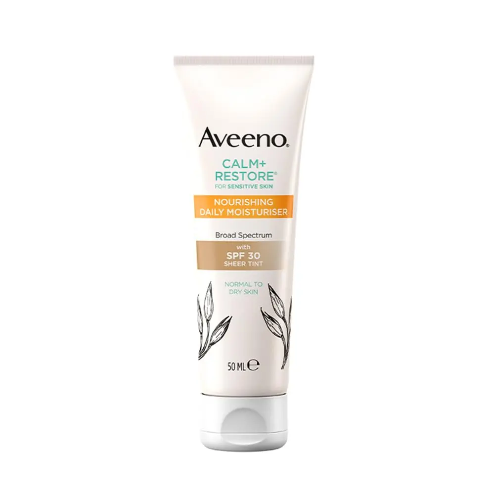 After Comparing 50+ Moisturizers, These 12 Are the Best for Sensitive Skin 12 Aveeno Calm + Restore Nourishing Daily Moisturiser SPF 30 Sheer Tint 50ml for sensitive, normal to dry skin, providing broad-spectrum sun protection, hydration, and a healthy-looking complexion.