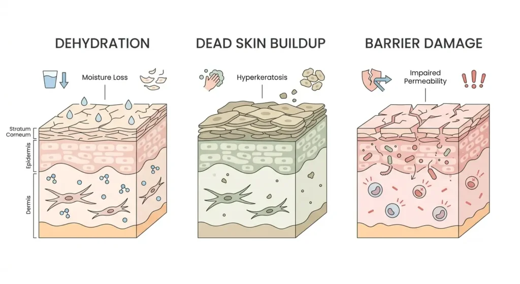 Infographic showing three causes of dull skin — dehydration, dead skin buildup, and barrier damage