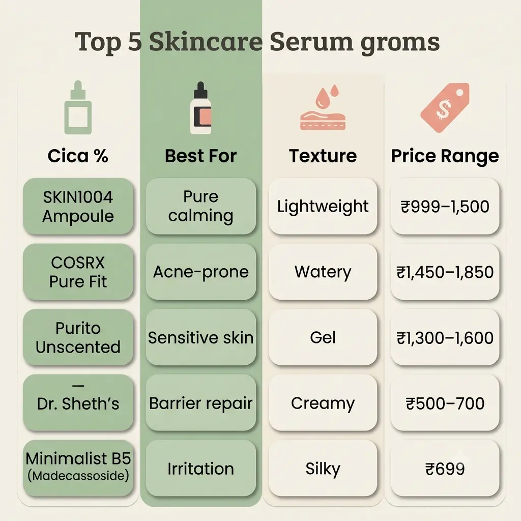 10 Best Centella Asiatica (Cica) Serums in India (2026) 6 Infographic comparing Centella Asiatica serum concentration, texture, and price range across top picks