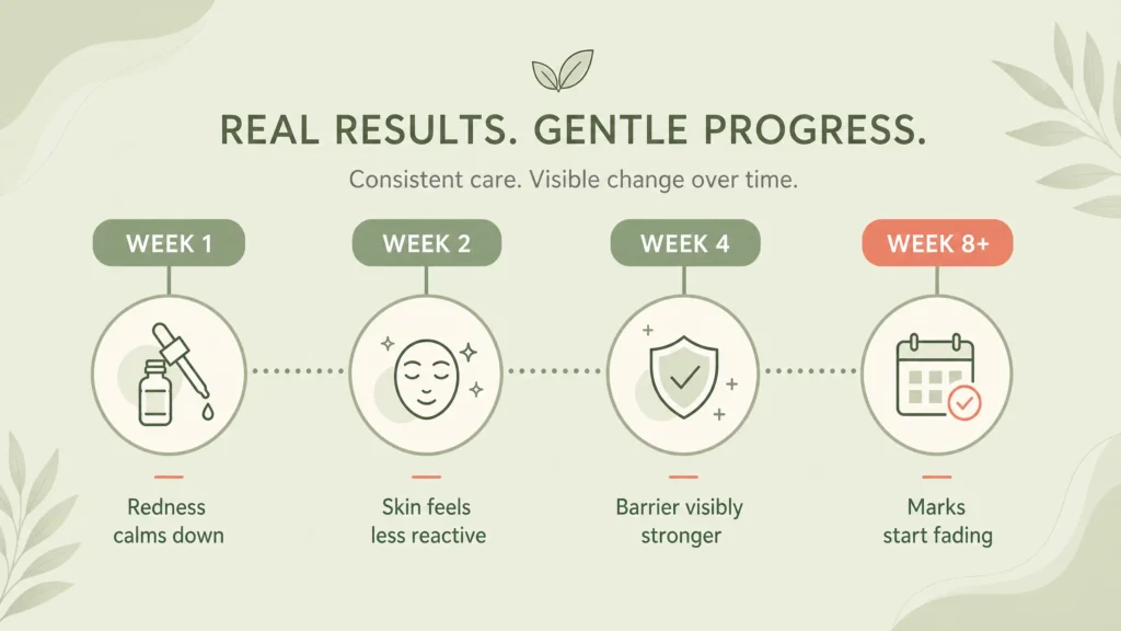 10 Best Centella Asiatica (Cica) Serums in India (2026) 9 Timeline graphic showing expected skin improvement from Centella Asiatica serum use over 8 weeks