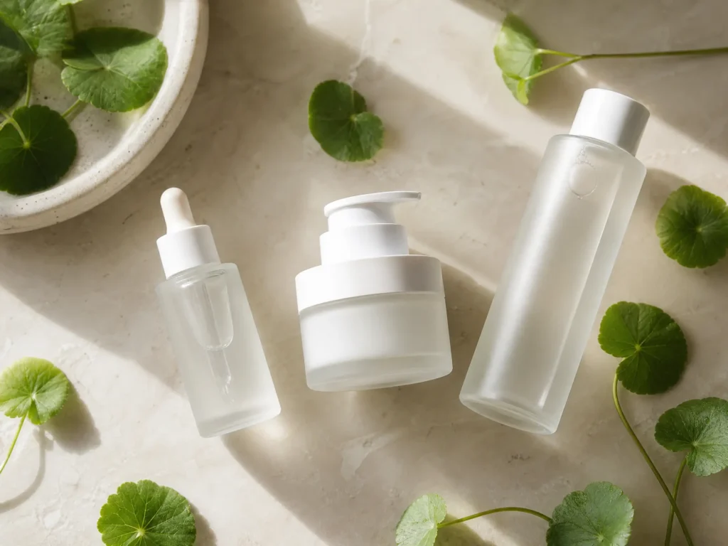 Why Cica (Centella Asiatica) Is My Go-To for Redness & Acne Marks in 2026 5 Flatlay of gentle Centella Asiatica skincare products for acne-prone skin