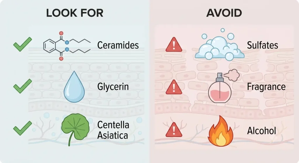 Infographic of skincare ingredients to look for and avoid in gentle cleansers