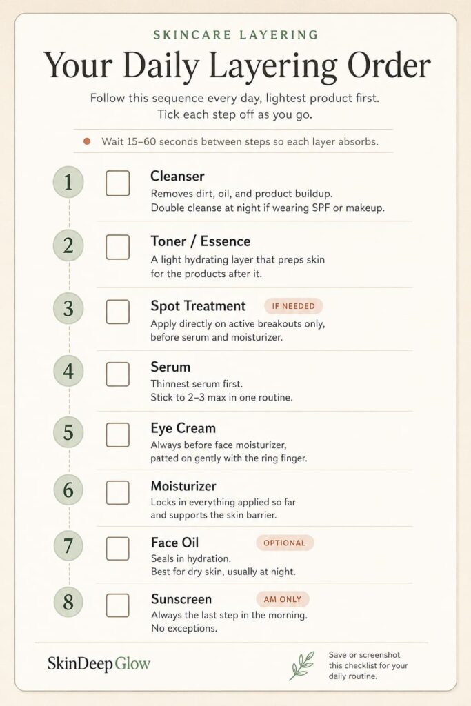 How to Layer Skincare Products Correctly: A Complete Order-Wise Guide 3 Daily skincare layering order checklist infographic showing the correct skincare routine sequence: Cleanser, Toner/Essence, Spot Treatment, Serum, Eye Cream, Moisturizer, Face Oil (optional), and Sunscreen (AM only), with checkboxes and a note to wait 15–60 seconds between each step.