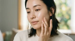 Woman touching dewy, hydrated glowing skin after using toner