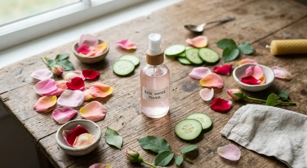 Homemade rose water toner in a glass spray bottle with fresh rose petals