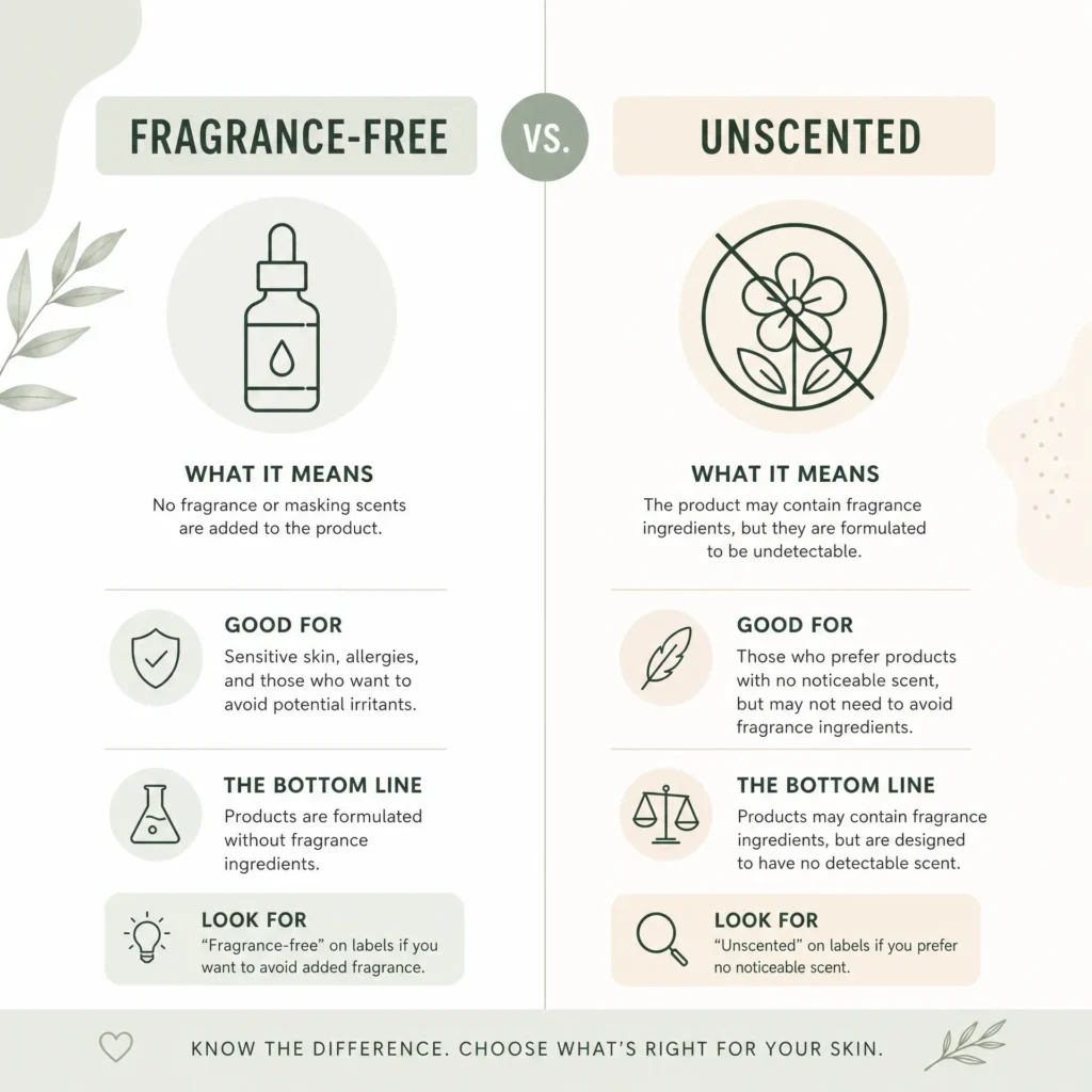 Best Moisturizer for Sensitive Skin 2026 (12 Picks) 3 Infographic explaining the difference between fragrance-free and unscented moisturizers for sensitive skin