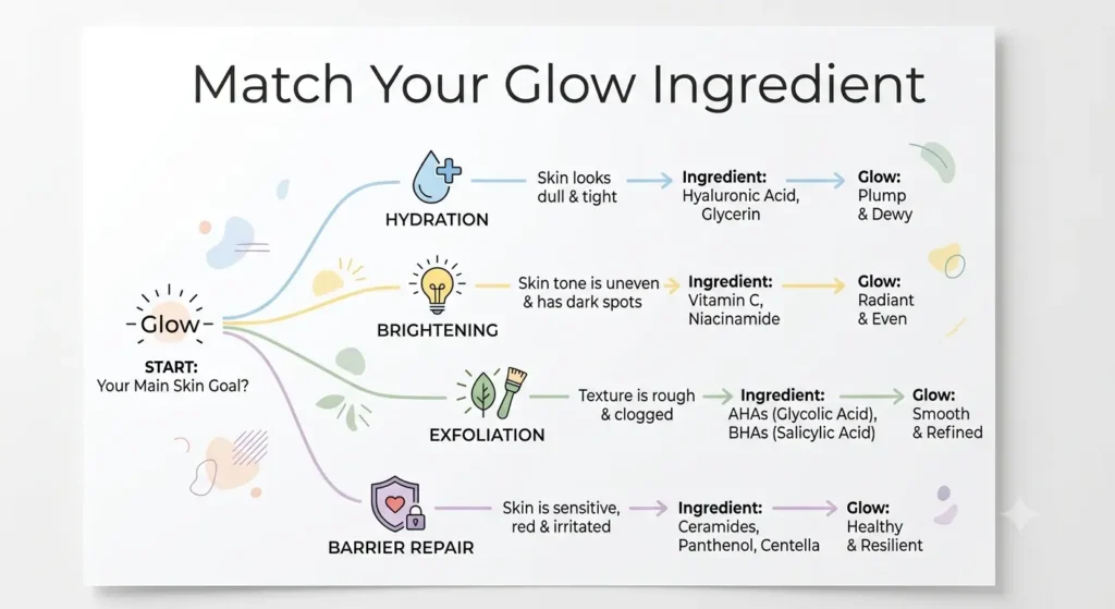 Decision chart matching skincare concerns to toner ingredients for glowing skin