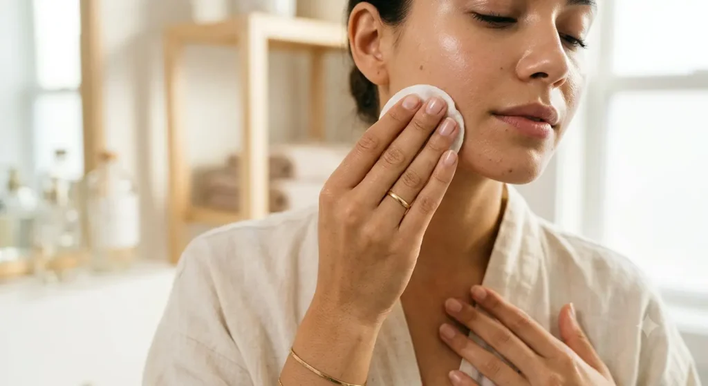 Hands applying toner with a cotton pad using gentle patting technique