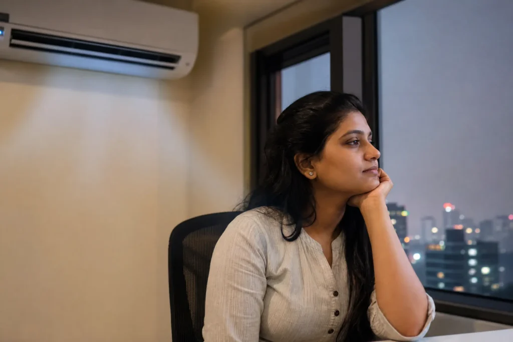 Niacinamide for Dry Skin: The Ultimate 2026 Fix 2 Indian woman in AC office showing effects of dry skin causes