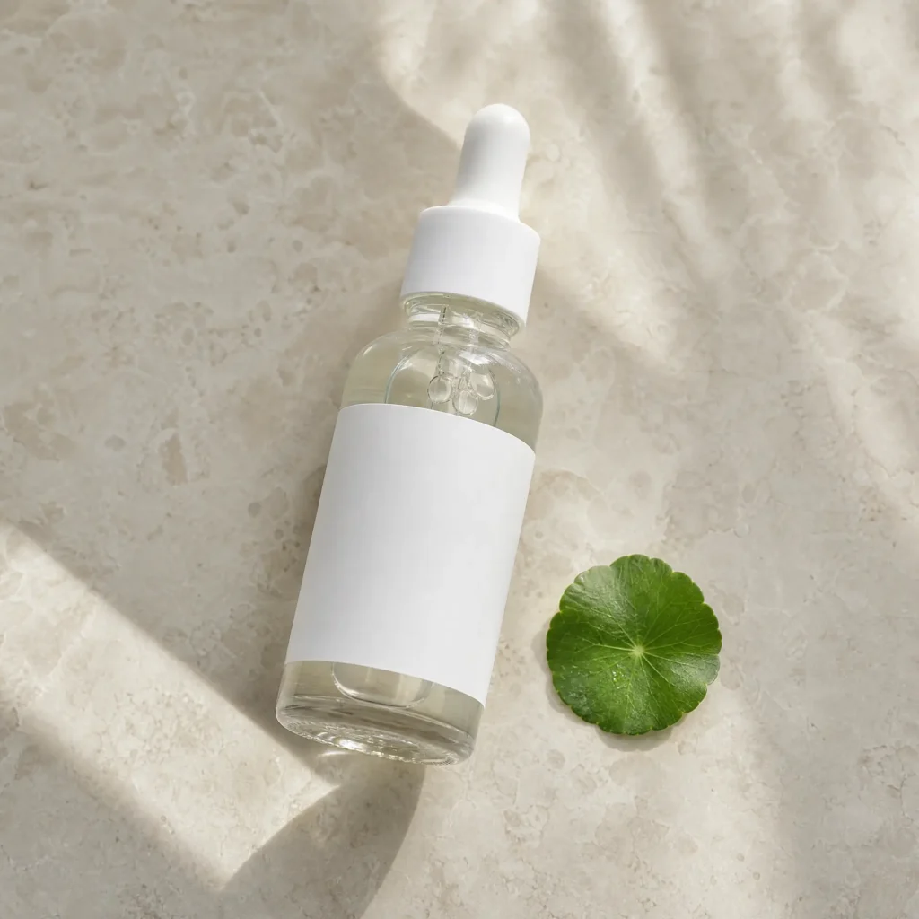10 Best Centella Asiatica (Cica) Serums in India (2026) 4 Minimalist flatlay of an unbranded watery Centella Asiatica serum bottle on a light marble surface
