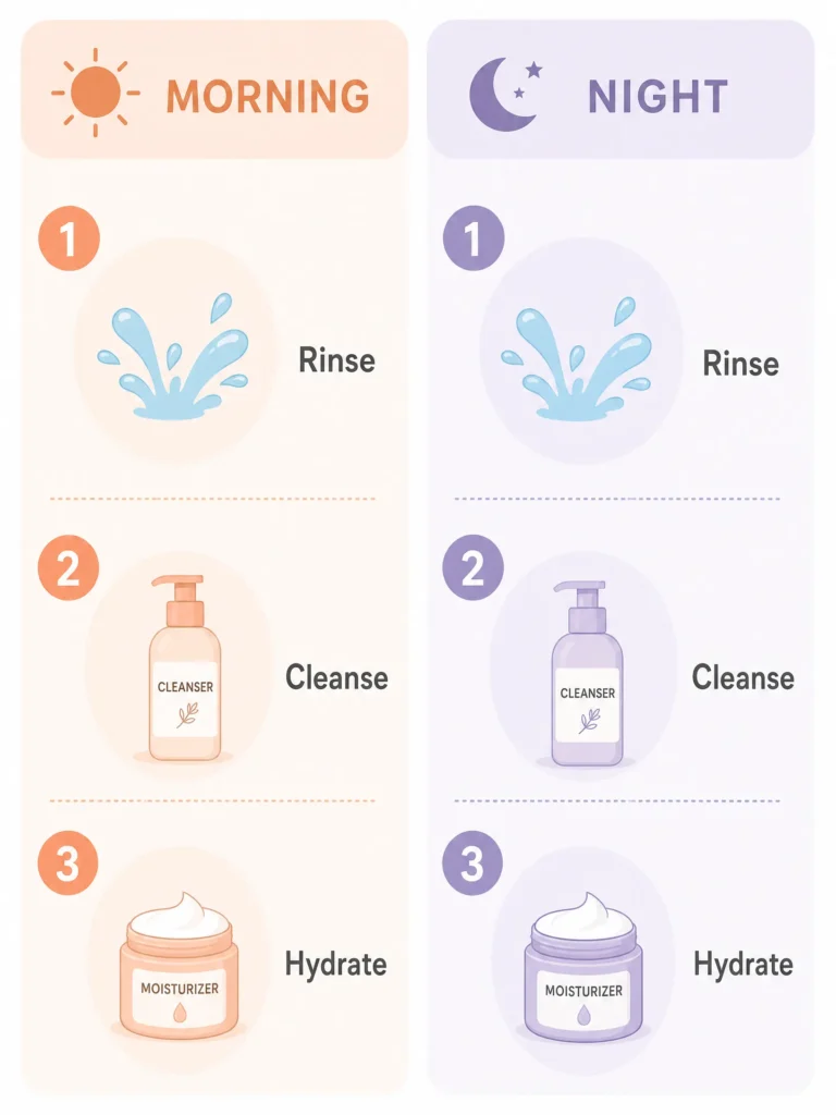 Morning and night gentle skincare cleansing routine chart