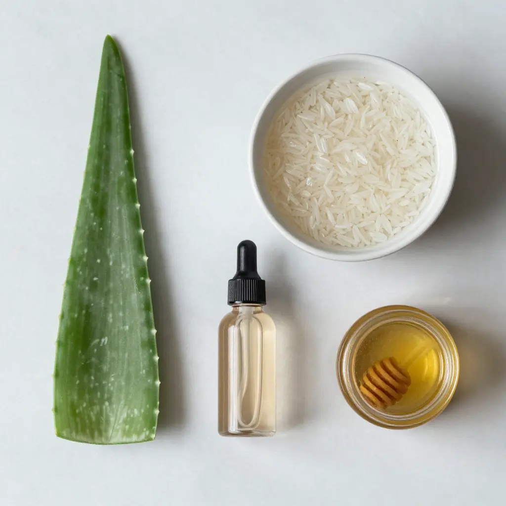 How to Achieve Glass Skin Glow Naturally in 2026: Complete Guide for Sensitive & Acne-Prone Skin 4 Natural ingredients for glass skin routine — aloe, rice water, rose water