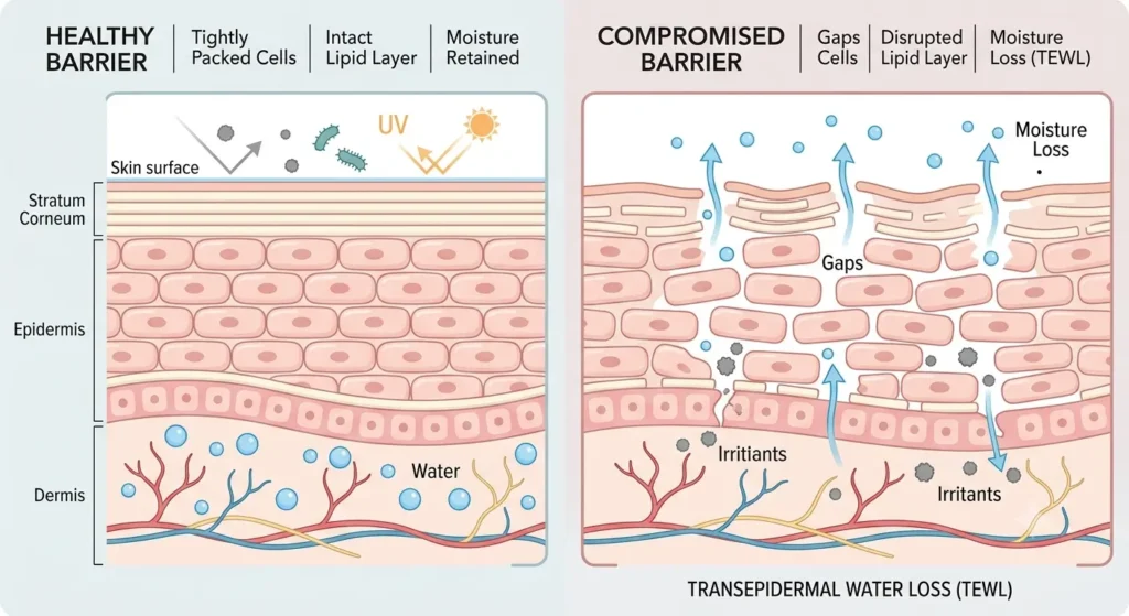 Illustration comparing healthy vs compromised skin barrier for sensitive skin