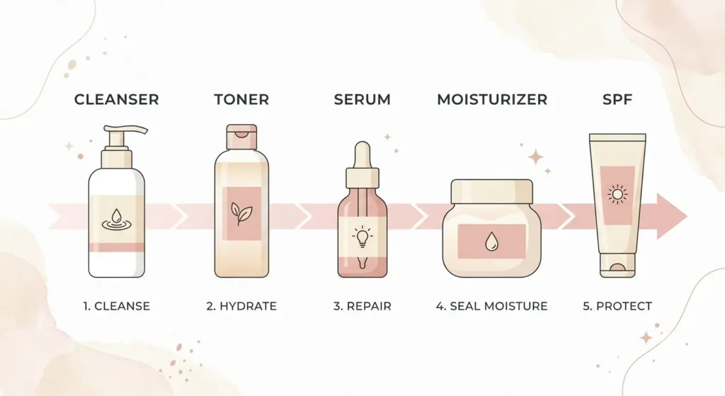 Step-by-step skincare routine diagram showing where toner fits between cleanser and serum
