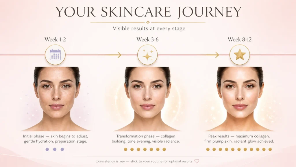 Anti-Aging Skincare Routine After 30: Simple Daily Routine for Healthy, Younger-Looking Skin 8 Timeline showing expected anti-aging skincare results after 30 from week 1 to week 12 with consistent skincare