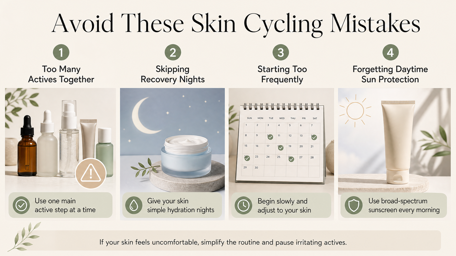 Common skin cycling mistakes including using too many actives and skipping recovery nights