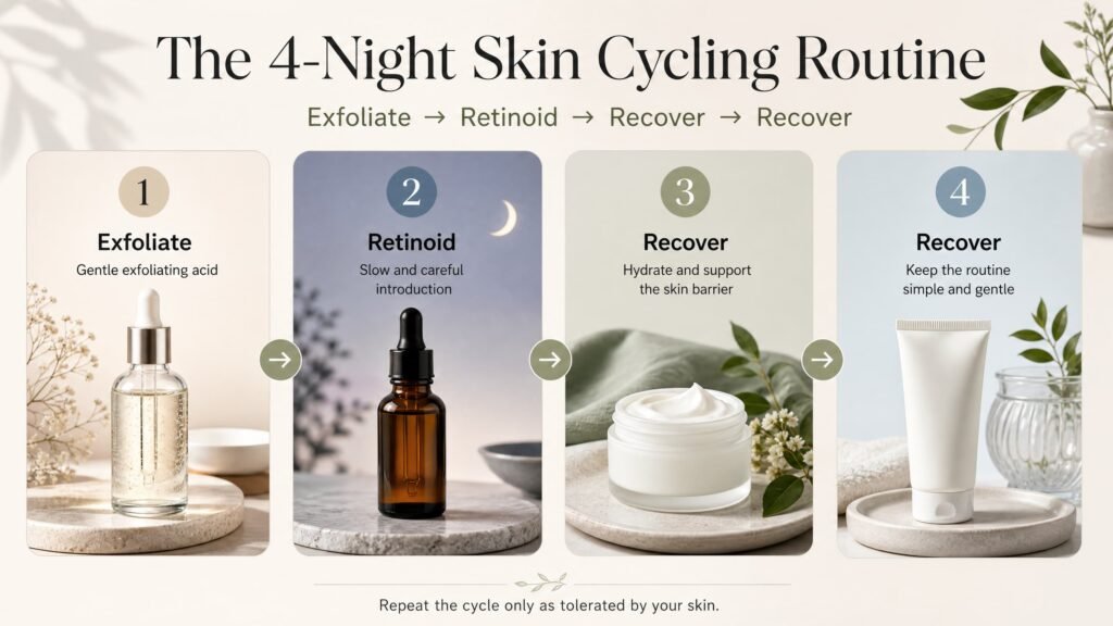 Four-night skin cycling routine showing exfoliation, retinoid, and two recovery nights